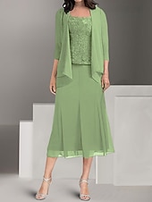 abordables Longueur du plancher-Ensembles de Robes Robe de Mère de Mariée  Élégant Simple Col carré Longueur thé Polyester Manche 3/4 avec Couleur Unie 2025