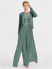 abordables Combinaisons pour maman-Ensemble jumpsuit  pantalon en deux pièces de mariage à la plage mère de la mariée invitée de mariage formelle élégante wrap inclus col bateau longueur sol chiffon manches 3/4 avec appliques 2025