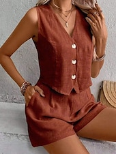 cheap Women&#039;s Blouse Suits-Women&#039;s Active Blouse Vest Shorts Sets Sleeveless V Neck Solid Color Dubbele Rij Knopen Holiday Casual Daily Black Wine Army Green Summer Regular Fit