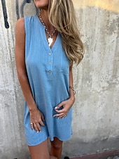 preiswerte Einfaches Kleid-Damen Mini Kleid Sommer Kleid Unifarben Lässig Täglich Reguläre Passform Grafik Ärmellos V-Ausschnitt Schwarz Blau Beige Grau Sommer