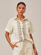 economico Bluse e camicie-camicia in lino stampato con polsini arrotolati