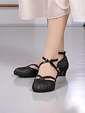 cheap Latin Shoes-Women&#039;s Black Glitter Low Heel Dance Shoes – Sparkly Ankle Strap Ballroom Shoes for Girls &amp; Ladies&#039; Performance or Practice