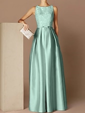 preiswerte Sekt-Strandhochzeit A-Linie Abendkleid Elegantes Kleid Formelle Abend Bodenlanger Ärmellos Schmuck-Ausschnitt Herbst Hochzeitsgast Satin mit Gurt/Ribbon Falten Applikationen 2025