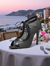 abordables Chaussures de danses latines-Escarpins de danse latine à lacets en maille noire pour femmes avec bout ouvert – chaussures de salsa à talons aiguilles respirantes pour la performance, la fête et l&#039;entraînement
