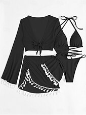 billiga Bikiniset-Kvinnors baddräkter bikini kjol baddräkt rygglös smal frans semester strandkläder enhetlig färg halterneck långärmad baddräkt