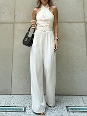 cheap Sets-Women&#039;s Normal Two Piece Sets Streetwear Solid Color Sleeveless Straight Halter Neck Pocket Street Daily Regular Fit White Summer