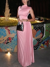 cheap PINK-Pink A-Line Evening Gown Elegant Dress Formal Floor Length Sleeveless Halter Neck Pocket Satin with Ruched