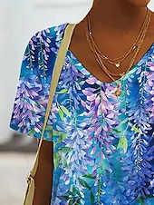 abordables T-shirt floral-Femmes T-shirt A Ombre Graphique Mode Hawaïen Occasionnel manche longue Col en V Hauts Réguliers Quotidien Sortir Week-end Imprimé Bleu Été Printemps