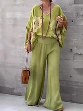 billiga Blusdräkter för kvinnor-Kvinnors 2 delar mode streetwear dagligt byxor set halv ärm V-hals blommig grafisk semester avslappnad dagligt blå brun grön sommar lös passform