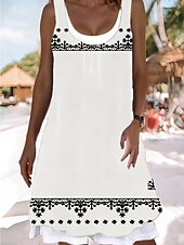voordelige Afdrukken Bloemen Jurken-Dames Halflange jurk Tank-jurk Modieus Klassiek Buiten Dagelijks Weekend Normale pasvorm Grafisch Geometrisch Mouwloos Strakke ronde hals Zwart en Wit Lente Herfst