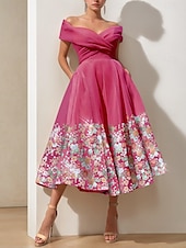 levne Koktejlové šaty-Růžové květinové A-line koktejlové šaty elegantní šaty formální svatební host kotníková délka krátký rukáv mimo rameno s rozparkem výšivka šaty