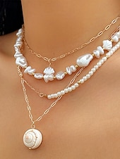cheap Women&#039;s Necklace-Women&#039;s Boho Layered Shell and Bead Necklace Set – Beach-Style Turquoise Pendant and Gold Charms for Summer Vacations and Festivals