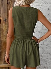 cheap Women&#039;s Blouse Suits-Women&#039;s Active Blouse Vest Shorts Sets Sleeveless V Neck Solid Color Dubbele Rij Knopen Holiday Casual Daily Black Wine Army Green Summer Regular Fit