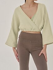 billige Skjorter-Dame Linskjorte Bluse عادي Fritid Langermet V-hals Crop Tops Daglig Ut på byen knyte foran Hvit Gul Brun Sommer