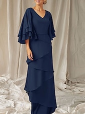 economico Lunghezza del pavimento-Abito Due Pezzi A-Line Madre della Sposa Ospite Matrimonio Elegante Inclusa Fascia V Collo Lunghezza del Pavimento Chiffon Manica Mezza Fascia Inclusa con Volant