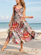 cheap Boho Dress-Women&#039;s Maxi Dress Sundress A Line Dress Slip Dress Pleated Dress Vacation Casual Boho Beach Regular Fit Graphic Bohemian Boho Sleeveless U Neck Scoop Neck Yellow Red Blue Purple Summer Spring