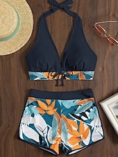 preiswerte Bikini-Sets-Womens Badeanzüge Bikini 2 Teile Shorts Badeanzug Rückenfrei Schlank Urlaub Strandmode Floral Halterhals Ärmellos Badeanzüge
