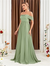 baratos Vestidos para Madrinhas-Linha A Vestido de Madrinha Ombro a Ombro Sem Manga Elegante Longo Chiffon com Pregas 2022