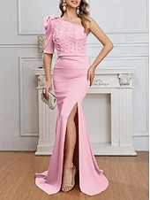 billiga Rosa-sjöjungfru / trumpet aftonklänning hög split rosa klänning formell bröllop gäst golvlängd ärmlös en axel stretch crepe med ros blomma 2025
