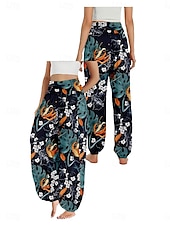 economico Pantaloni in cotone e lino con grafica-Per donna Pantaloni ispirati al lino Gamba larga Pantaloni Stile Etnico Casual Boho Lunghezza intera Vita Alta Floreale Foglia Tropicale Tasca Elastico in vita Stampa Traspirabilità Morbido