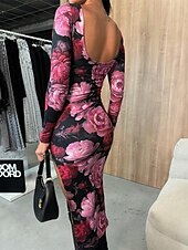 preiswerte Elegante Blumenkleider-Damen Midikleid Blumenkleid Sommerkleid Mode Modern Täglich Date Wochenende Normale Passform Blume Langarm Rundhalsausschnitt Schwarz Weiß Rose Sommer