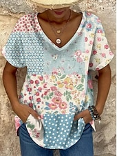 abordables T-shirt Boho-Femmes T-shirt Fleuri Graphique Géométrique ancien Ethnique Occasionnel Manche Courte Col en V Hauts Réguliers Quotidien Week-end Tenue de plage Imprimé Bleu Violet Été Printemps