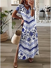 preiswerte Streifen- und geometrische Kleider-Damen Maxikleid Sommerkleid A Linie Kleid Urlaub Lässig Boho Ausgehen Strand Lässiger Schnitt Blumen Grafik Geometrisch Kurzarm V Ausschnitt Leicht Braun Blau Himmelblau Grau Sommer Frühling