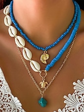 cheap Women&#039;s Necklace-Women&#039;s Boho Layered Shell and Bead Necklace Set – Beach-Style Turquoise Pendant and Gold Charms for Summer Vacations and Festivals