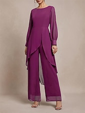 preiswerte Unter 129,99 $-Hosenanzug Brautmutter Klassischer Rundhalsausschnitt Asymmetrischer Saum Chiffon Lange Ärmel mit Einfarbig