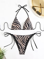 abordables Ensemble de bikinis-Femmes Maillots de Bain Bikini 2 pièces Maillot de bain Dos nu Tropical Tenues de plage Motif Zèbre Col Halter Sans manches Maillots de bain