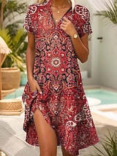 levne Květinové šaty-Dámské Mini šaty Volnočasové šaty Letní šaty Boho šaty Africký vzor Dovolená Denní Víkend Běžný Květinový Krátký rukáv Košilový límec aqua modrá Rubínově červená Vodní modrá Hnědá Léto