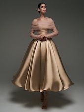 preiswerte Cocktailkleider-Rosa Ballkleid Satin A-Linien Cocktail Elegante Kleider Formelle Hochzeit Knöchellänge Langarm Schulterfrei Abnehmbar mit Schal