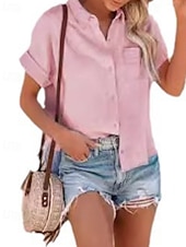 economico Camicie-Per donna Camicie di cotone e lino Blusa Semplice Moderno Casual Manica Corta Colletto a Camicia Top Regolari Ferie Uscire Bottoni Tasca Nero Bianco Rosa Estate