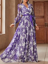 voordelige Onder 129,99 $-A-lijn Moeder van de Bruid Jurk Bloemenprint Casual V-hals Vloer Lengte Chiffon Lange Mouw met Sjerp  Lint Bruiloft Gast Jurk 2025