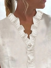 abordables Chemises-Chemise en Coton Lin pour Femmes Unie Basique Décontractée Manches Courtes Col V Hauts Quotidien Volant Blanc Été