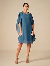 preiswerte abendkleider-Damen Knielanges Kleid Chiffonkleid Elegant Party Einfarbig Halbarm Rundhalsausschnitt Blau Sommer Frühling Herbst