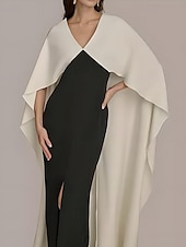preiswerte SCHWARZ-Umhang Kleid Schwarz und Weiß Meerjungfrau  Trompete Abendkleid Elegantes Kleid Formelle Hochzeitsgast Bodenlänge Halber Ärmel V-Ausschnitt Satin mit Schlitz