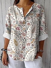billige Kvinne Grafiske Topper-Dame Skjorte Blomster Grafikk Elegant Vintage Tropisk Lang Erme V Hals Regulære Topper Daglig Ferie Lin Lignende Strand Klær Trykk Svart Himmel Blå Beige Sommer Vår