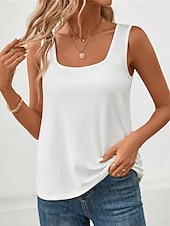 cheap White tee-Women&#039;s Tank Top Tee Top Plain Fashion Modern Sleeveless Square Neck Regular Tops Daily Beach Wear Black White Gray Summer