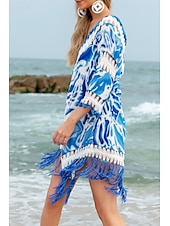 abordables Robes de plage-Femmes Maillots de Bain Vêtement couvrant Maillot de bain Ourlet à franges Tropical Tenues de plage Fleur Fil en V manche longue Maillots de bain