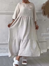 olcso design pamut és len ruhák-Női maxi ruha nyári ruha laza mindennapi normál fazon sima len-szerű 3/4 hosszú ujjú kerek nyakú fehér rózsaszín kék bézs nyári