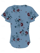 abordables T-shirt floral-Blouses d&#039;été pour femmes tops floraux stylés décontractés manches courtes col en V tops réguliers quotidien imprimé blanc bleu gris bleu clair été printemps
