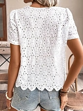 ieftine Bluze simple-Pentru femei Cămașă popover Cămașă de vară Cămașă casual Bluză Dantelă Capsă Nasturi Floral Vacanță Casual Manșon scurt În V Topuri obișnuite Zilnic Concediu Alb Vară Primăvară