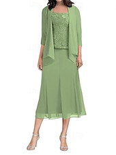 abordables Longueur du plancher-Ensembles de Robes Robe de Mère de Mariée  Élégant Simple Col carré Longueur thé Polyester Manche 3/4 avec Couleur Unie 2025