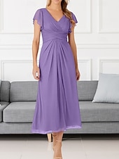 cheap Wedding Guest Dresses-A-Line Wedding Guest Dresses Elegant Dress Wedding Guest Engagement Tea Length Short Sleeve V Neck Chiffon with Pleats Ruched
