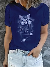 お買い得  動物のTシャツ-女性用 Tシャツ 夏のトップス グラフィック 猫 クラシック カジュアル 半袖 クルーネック クロップトップ 日常 週末 プリント ネービーブルー 夏 春 秋
