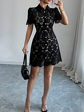 ieftine Rochie simplă-Pentru femei Rochie Mini Rochie de dantela Rochie de vară Elegant Modă În aer liber Petrecere Concediu Fit regulat Simplu Manșon scurt Guler Cămașă Negru Vară Primăvară
