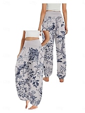 billiga Grafisk linnebyxa i bomull-Dam Linneinspirerade byxor Brett skaft Byxor Etnisk Stil Ledigt Boho Fullängd Hög midja Blommig Ficka Elastisk midja Tryck Mateial som andas Mjuk Microelastisk Utomhus Yoga Flodblå Blå Grön Beige