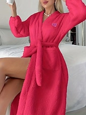 billiga Sovkläder-Dam Vardagsklädsel Morgonrock Varm Mode Ledigt Ren färg Spetsknuten Ficka Cardigan Hem Dagligen Säng Långärmad V-hals Rodnande Rosa Rosenröd Höst Vinter Skräddarsydd passform