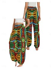 cheap Graphic Cotton Linen Pant-Women&#039;s Linen-Inspired Pants Wide Leg Pants Trousers Ethnic Style Casual Boho Full Length High Waist Floral Graphic Pocket Elastic Waist Printing Breathability Soft Micro-elastic Outdoor Yoga Blue